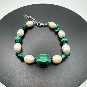 Ross Simons RS‎ 925 Sterling Silver Malachite Freshwater Cultured Pearl Bracelet